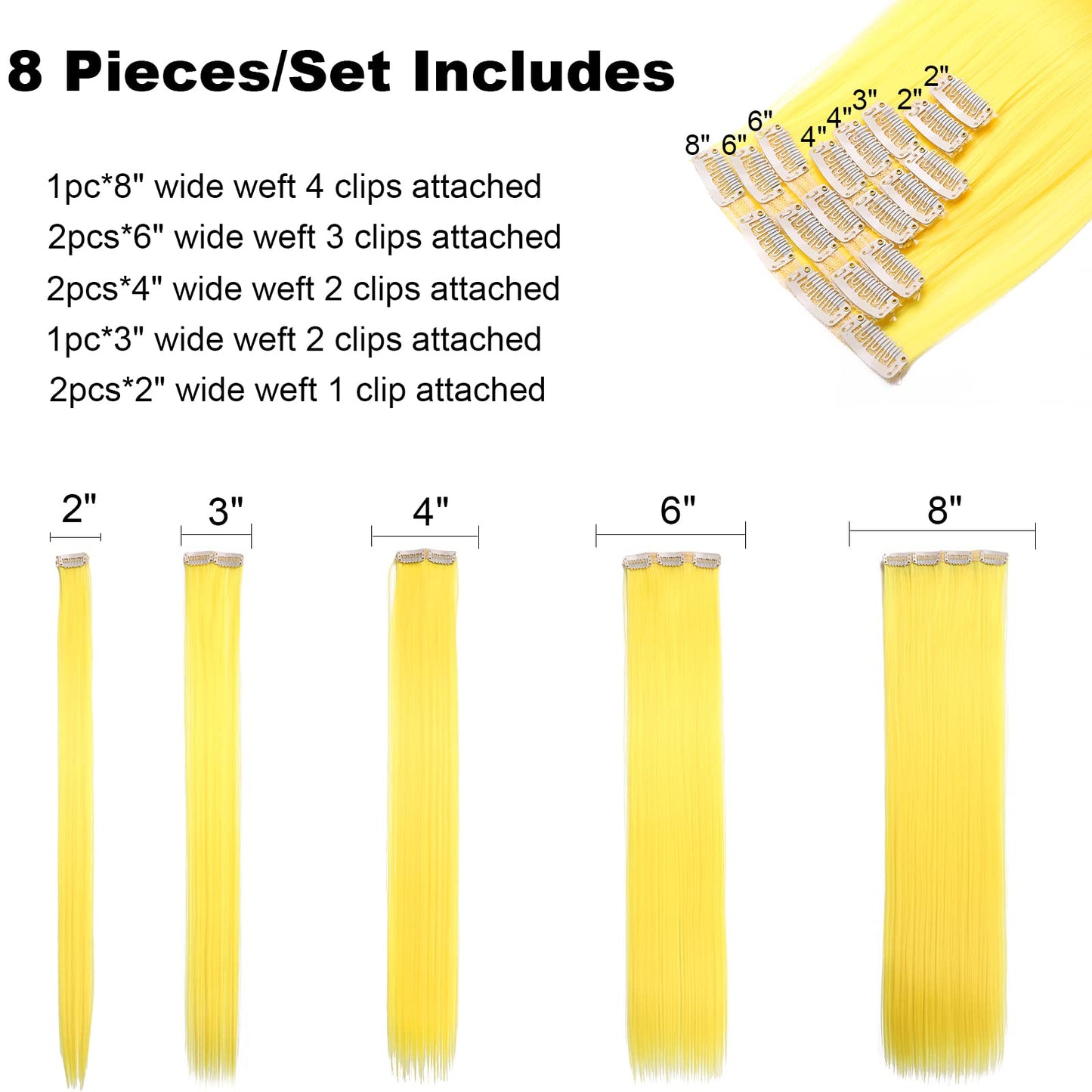 GIRLSHOW 8 Pieces Set Thick Clip in on Hair Extensions 24 Inch 5.11 Ounce Synthetic Full Head Straight Hairpieces for Women (24 Inch-Straight, Yellow)