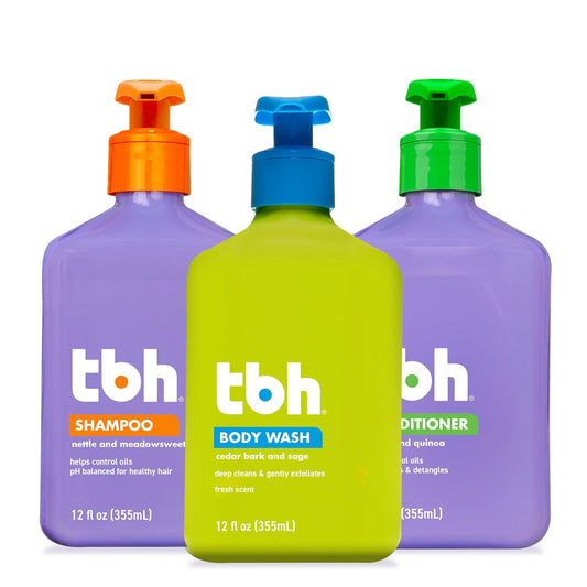 TBH Kids & Teen Hair and Body Care Set - Natural Shampoo, Conditioner & Body Wash - 3-Pack, 12 oz Each