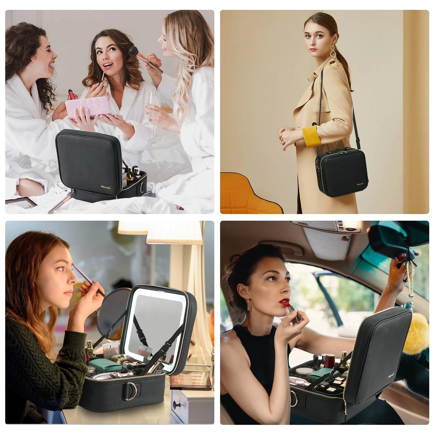 Mocado Travel Makeup Bag with LED Lighted Mirror,Travel Makeup Organizer,Makeup Case with 8 Makeup Brushes and 10x Magnifying Mirror,3 Colors Lighting, Adjustable Dividers Makeup Box(Black)