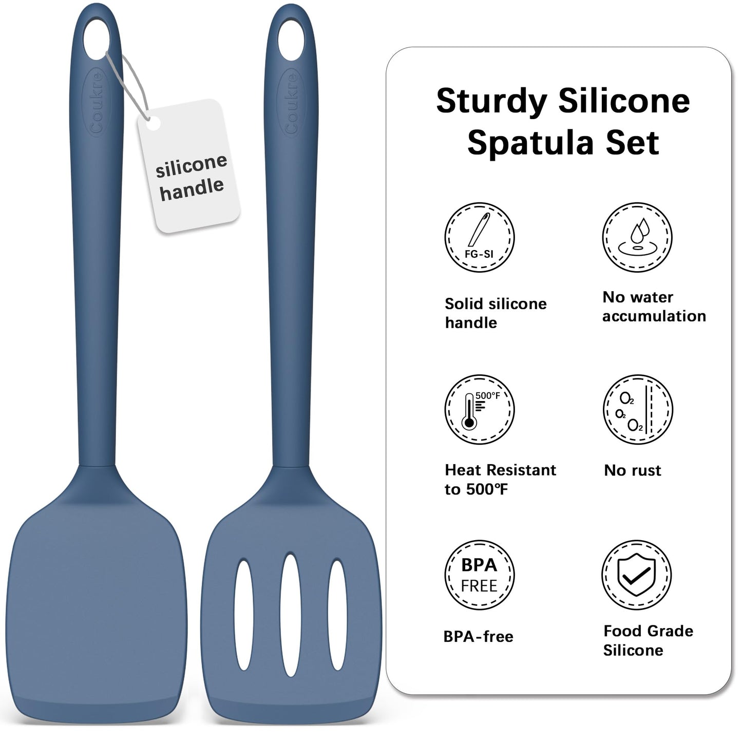Coukre 2 Pack Silicone Spatula Set, High Heat Resistant, BPA Free Kitchen Spatula, Solid & Slotted Turner for Non-Stick Pans, Sautéing, and Flipping (2, AquaGreen)