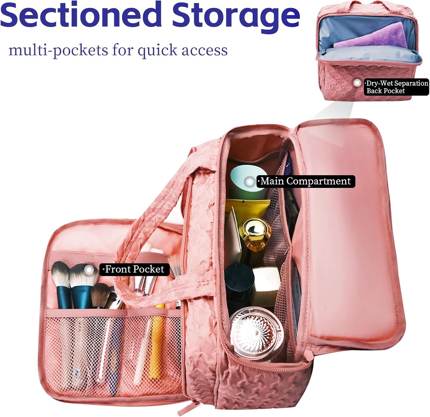 SMONT Toiletry Bag - Large 11.5" Travel Makeup & Skincare Organizer | Pink Cosmetic Case