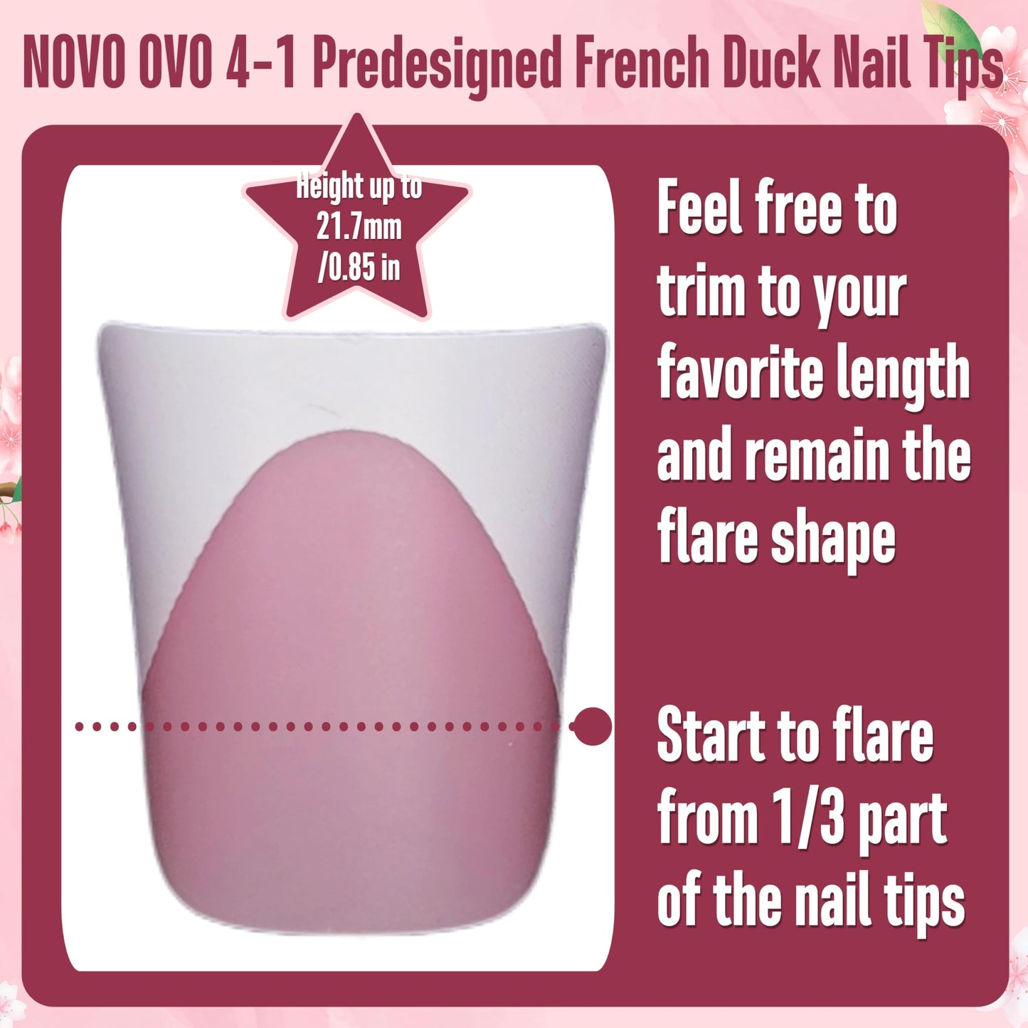 NOVO OVO French Tip Short Duck Nail Tips Press on, Pre-designed Soft Gel Nail Extension, BERRY PINK Pre-applied Tip Primer & Base Coat, Full Cover Matte Vrial False Nails for DIY x 12 Sizes 240 pcs