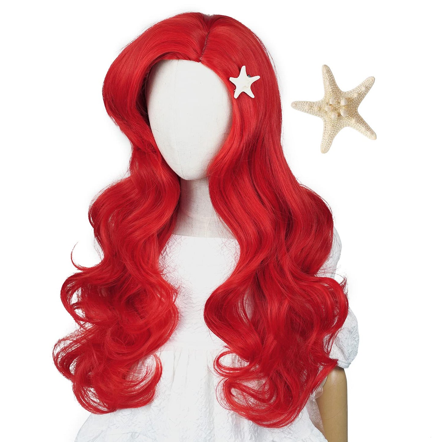 Wiggy Mermaid Wig + Starfish Hairpin Kids Red Long Curly Wavy Cosplay Wigs with Bangs Halloween Party Costume Heat Resistant Wig + Wig Cap