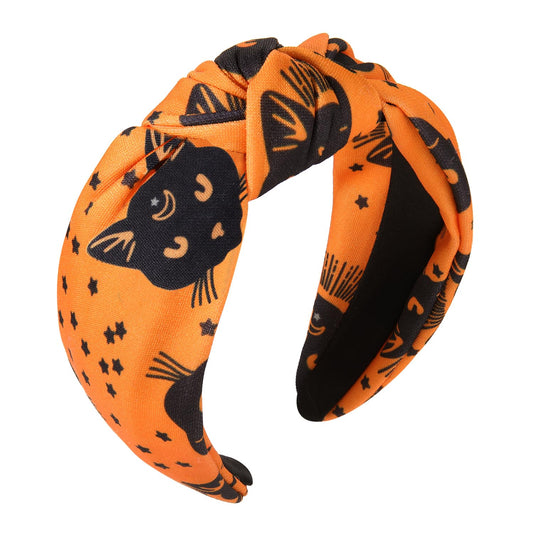 ZITULRY Halloween Knotted Headbands for Women Candy Corn Cat Blood Splatter Printed Wide Top Knot Hairband Hair Accessories Halloween Party Decoration (Cat Knot Headband237)