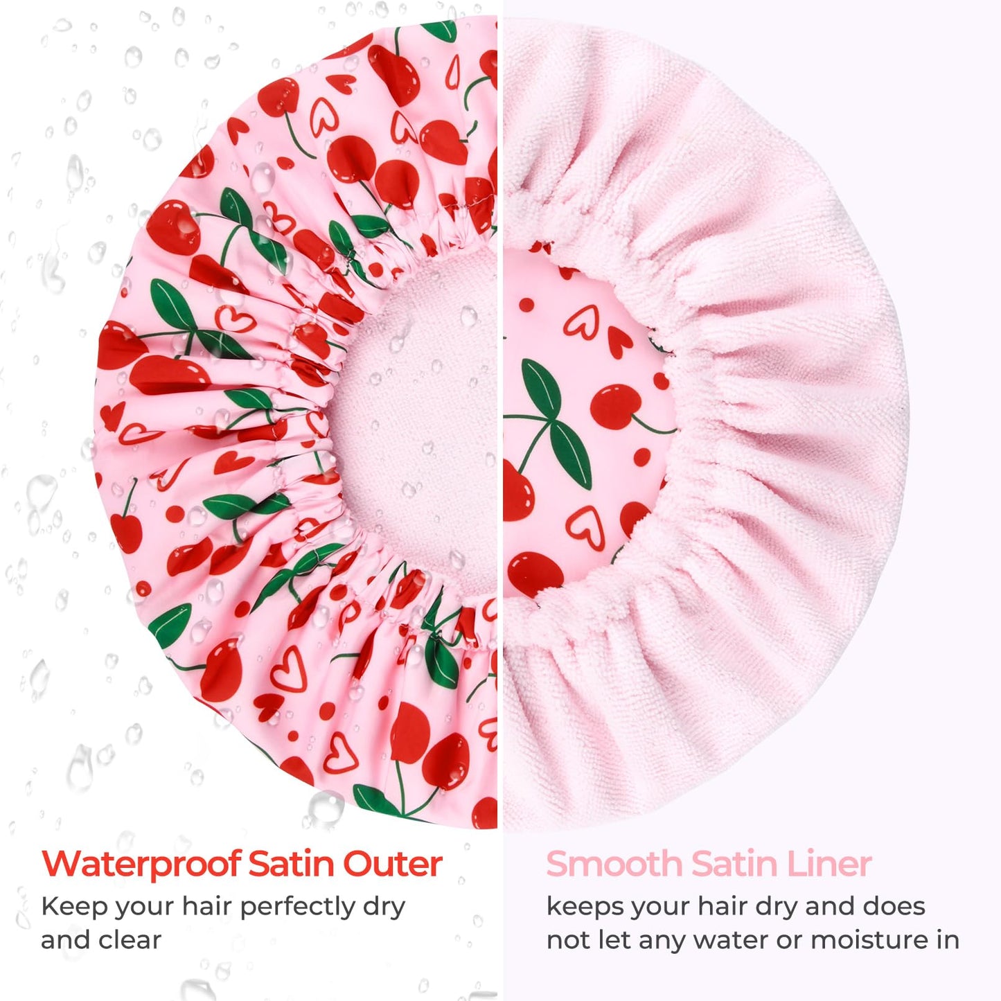 Shower Cap for Women Terry Lined Bath Cap Large Reusable Waterproof Elastic Band Pink Cherry Shower Caps for Long Thick Hair Soft Bath Shower Hair Caps