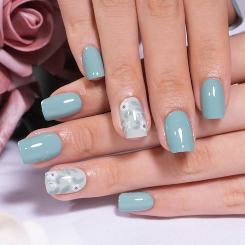 Curvlife Soft Gel Press on Nails with 30pcs Green Flower Design Full Cover Fake Nails for Women Reusable Nail Kit with Nail Glue Adhesive Tabs