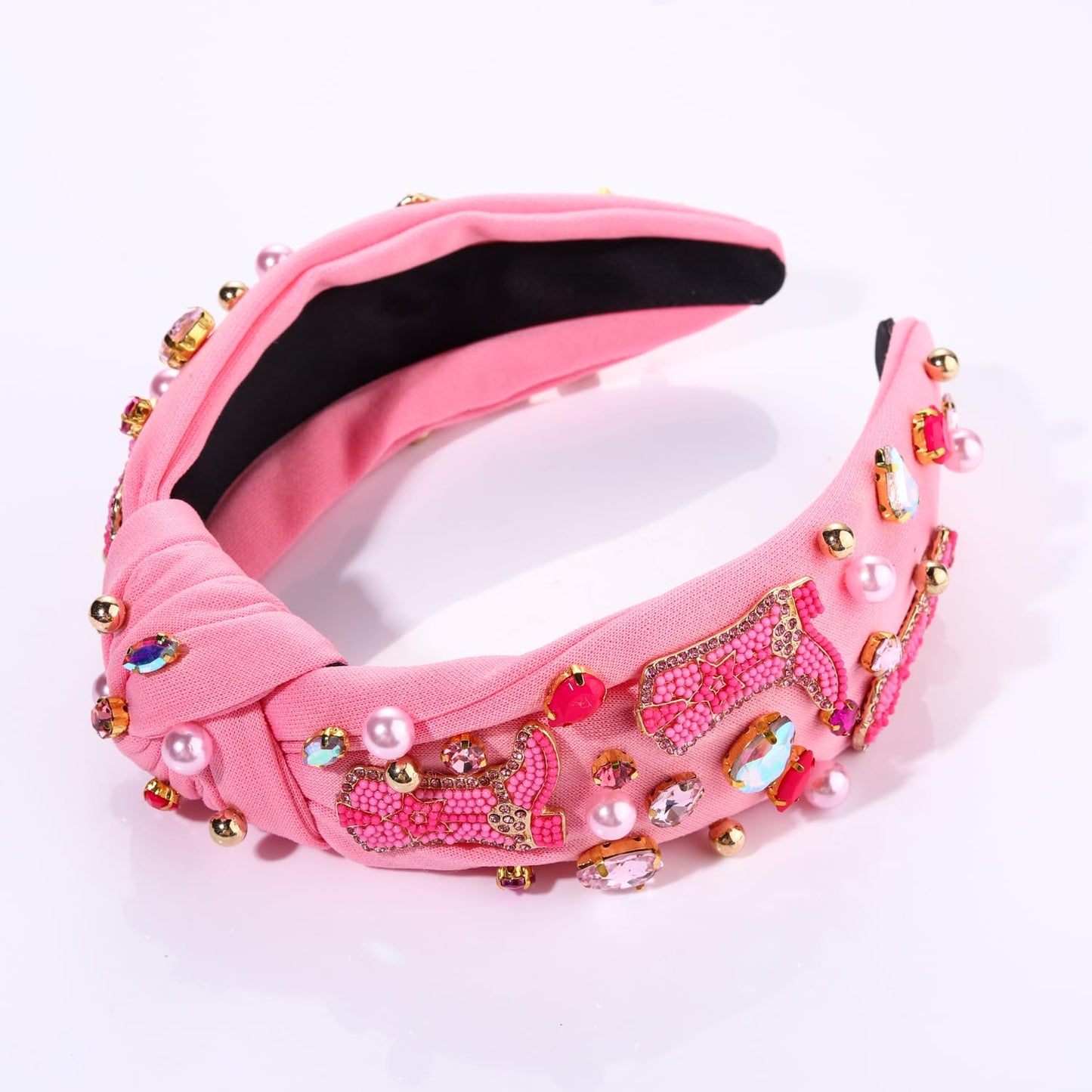 Hot Pink Knotted Headband Western Cowgirl Headband Accessories for Women Beaded Cowboy Boot Embellished Headband Rhinestone Crystal Pearl Top Knot Headband Rodeo Nashville Bachelorette Party Country