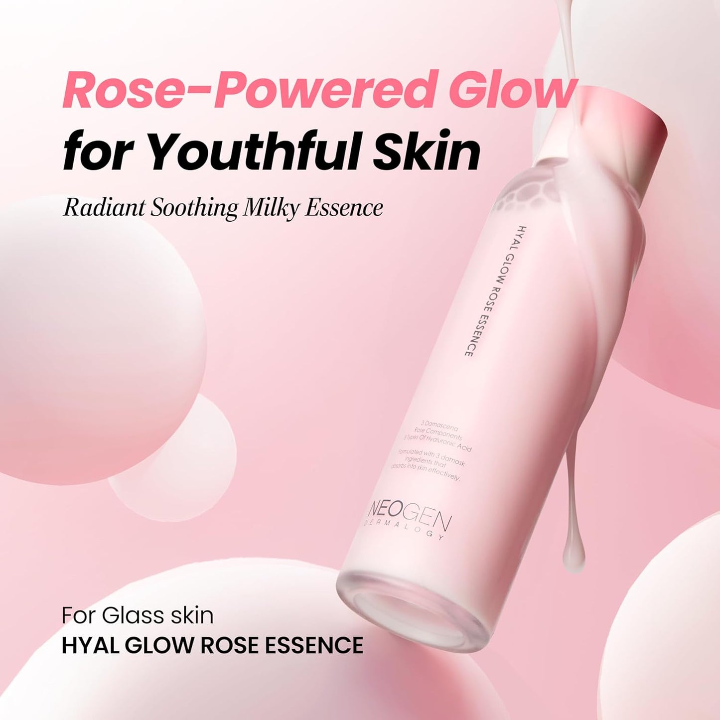 DERMALOGY by Neogen Hyal Glow Rose Essence - Hydrating Formula with 74% Damask Rose Water | 160ml / 5.41 oz