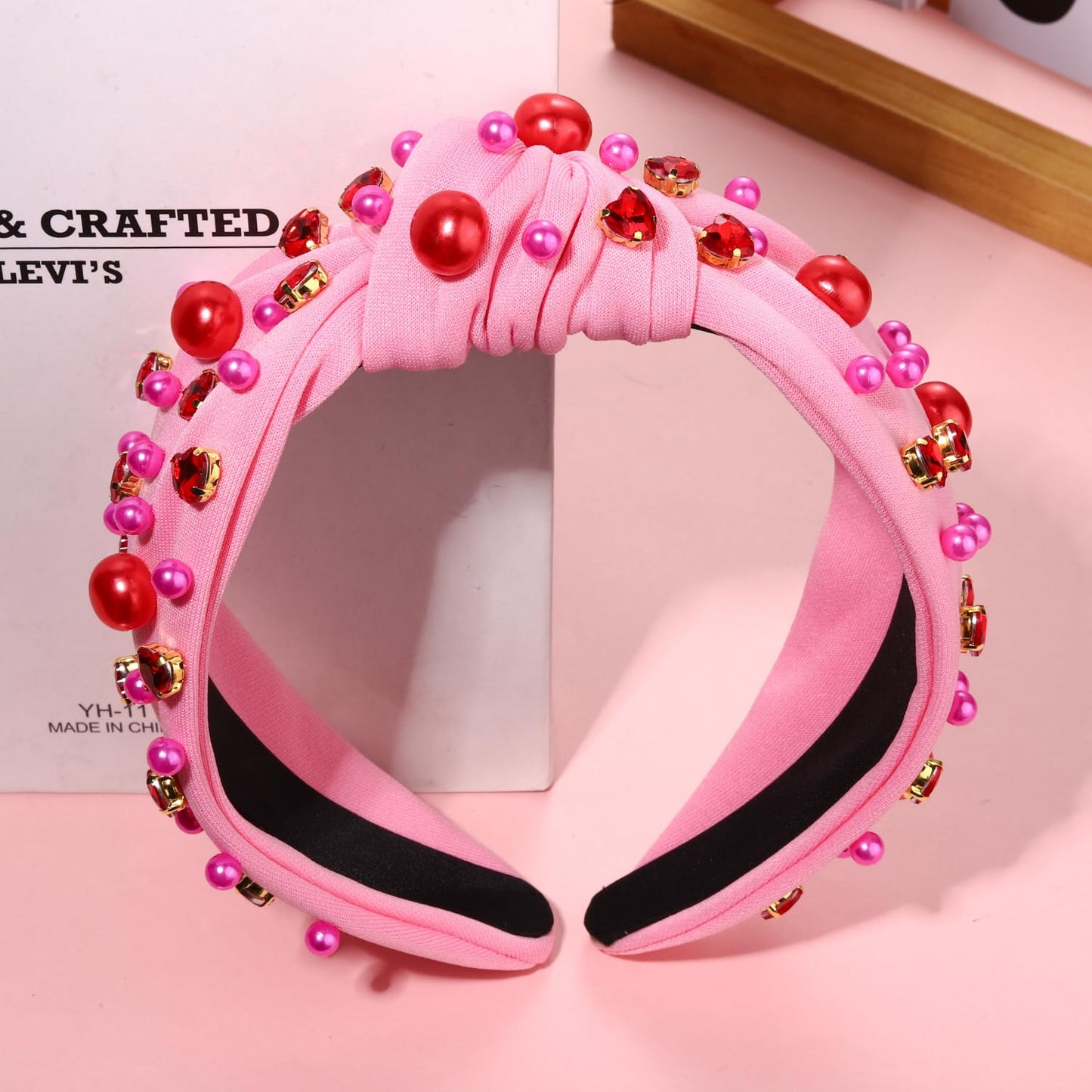 GLBCC Valentines Day Headband Red Heart Rhinestone Knotted Headband Hot Pink Pearl Wide Top Knot Hairband for Women Valentine Holiday Fashion Head Band Hair Accessories (pink knot hairband A)