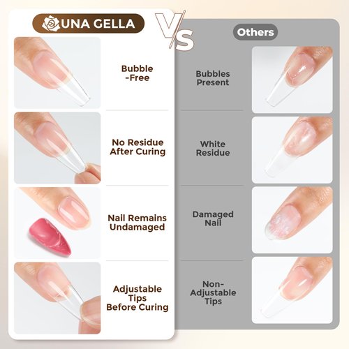 UNA GELLA 9 in 1 Gel Nail Glue for Clear Acrylic Nails Tips 2Pcs 10ml Long Lasting Super Strong Brush on Nail Gel Glue for False Press on Nails Tips Base Blooming Gel, U V Light Required