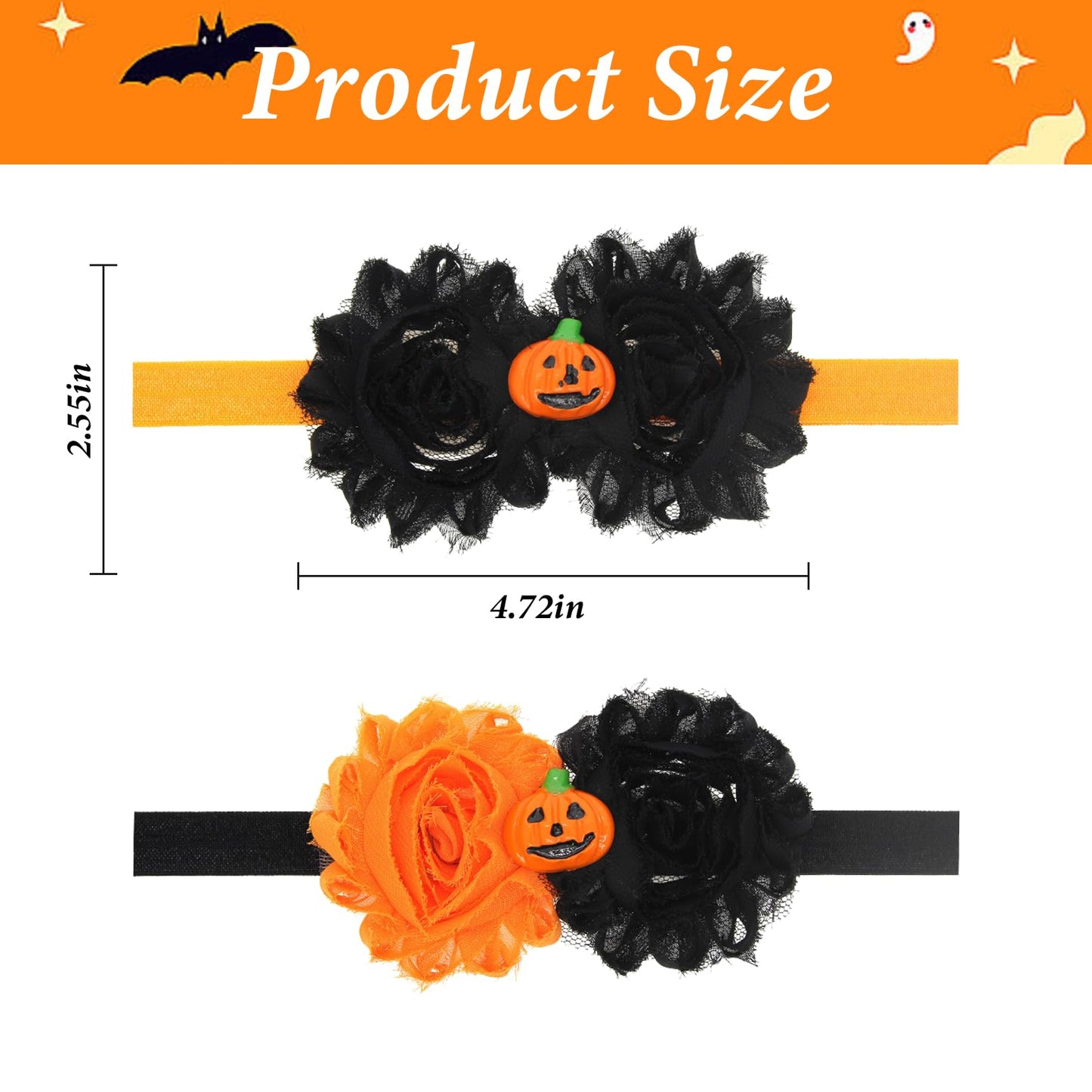 Halloween Baby Girl Headbands,2Pcs Black Orange Flower Pumpkin Elastic Halloween Bow Headband Stretchy Cotton Lace Toddler Hair Band Halloween Baby Hair Accessories for Newborns Infants Toddlers Kids