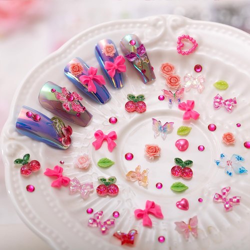 28 Grids Nail Charms Kit with Rhinestones for Nails, 3D Kawaii Bows, Cherry, Flowers, Butterfly. Red Pink Gold Nail Gems, Pearls & Metal Studs. DIY Manicure Art Supplies with Wax Pen & Tweezers