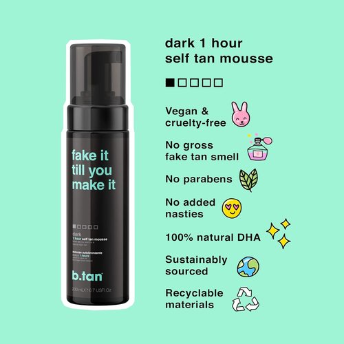 b.tan Dark Self Tanner Mousse - 1 Hour Express Sunless Tanning Foam for Face & Body, 6.7 Fl Oz