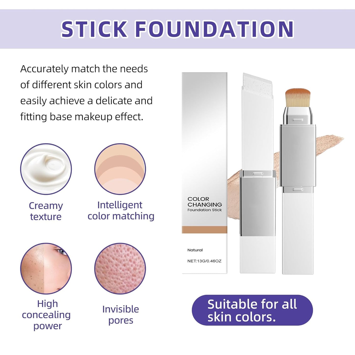 Skiennix Color Changing Foundation Stick - 2-in-1 Hydrating Concealer with Detachable Brush | Portable Daily Makeup (Natural, 13g)