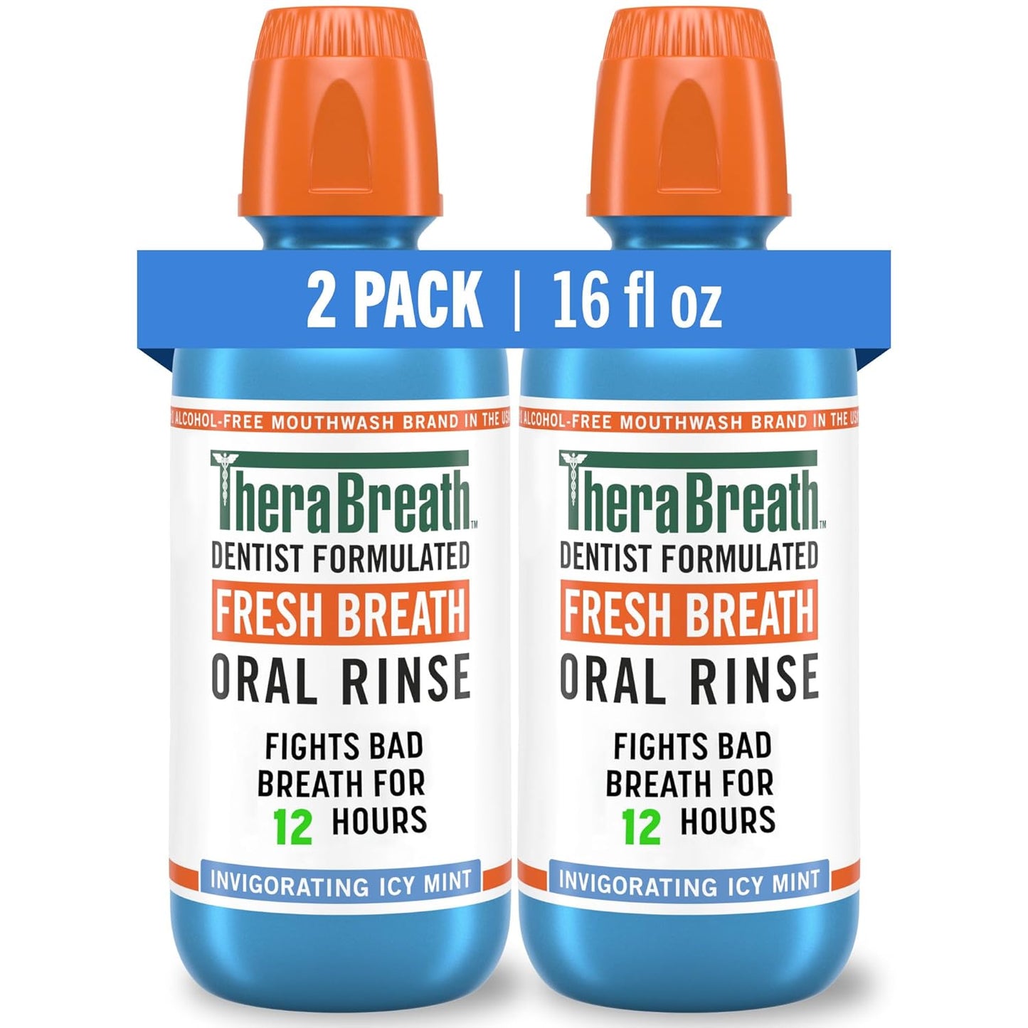 TheraBreath Fresh Breath Mouthwash - Icy Mint Flavor, Alcohol-Free, 16 Fl Oz (Pack of 2)