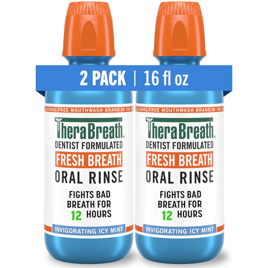 TheraBreath Fresh Breath Mouthwash - Icy Mint Flavor, Alcohol-Free, 16 Fl Oz (Pack of 2)