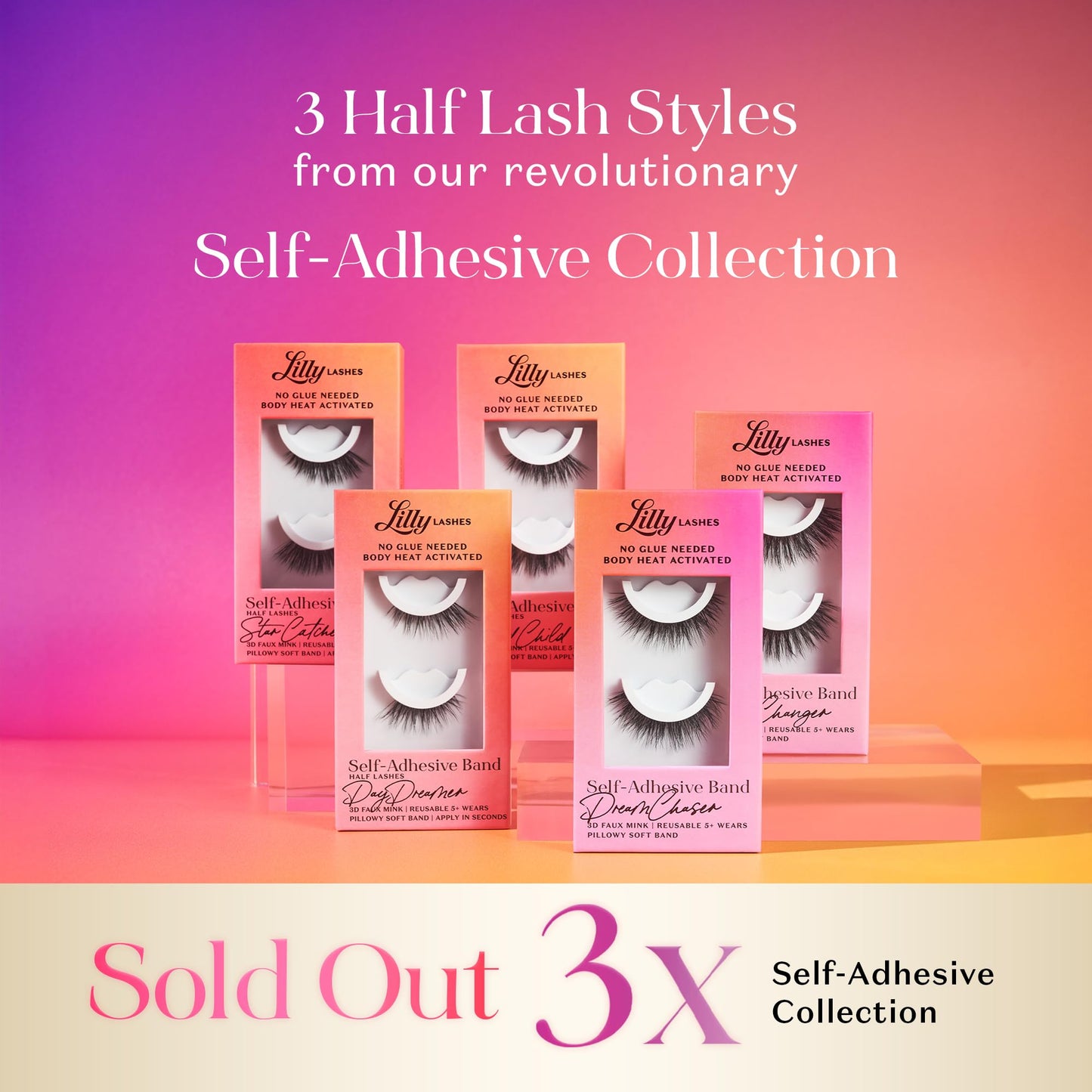 Lilly Lashes Self Adhesive Eyelashes (Half Lashes), No Lash Glue Needed, Body Heat Activated Press on Lashes, Reusable Self Adhesive Eyelashes Up to 5x, Easy to Apply & Remove (WildChild)