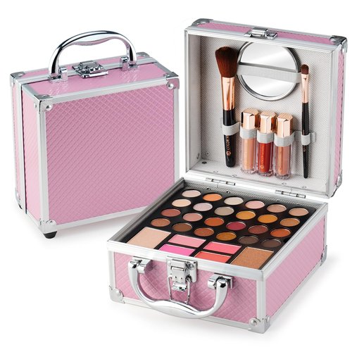 Color Nymph Beginner Makeup Kit - 24-Color Eyeshadow Palette, Blush, Bronzer & Lipstick | Pink Cosmetic Case Included