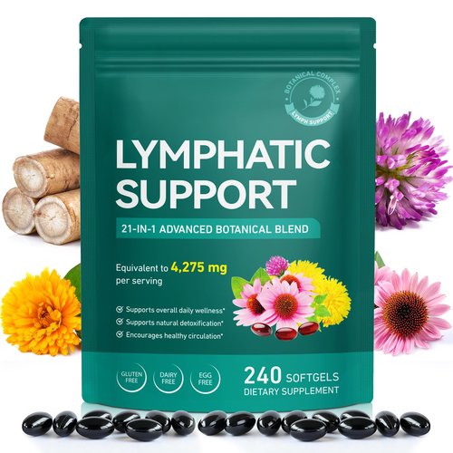 Lymphatic Drainage Supplements-Echinacea, Dandelion, Burdock Root|21-In-1 Botanical Complex for Lymph System, Balance, Cleanse, Overall Vitality, Less Bloating|Safe & Clean Formula|240 Softgels