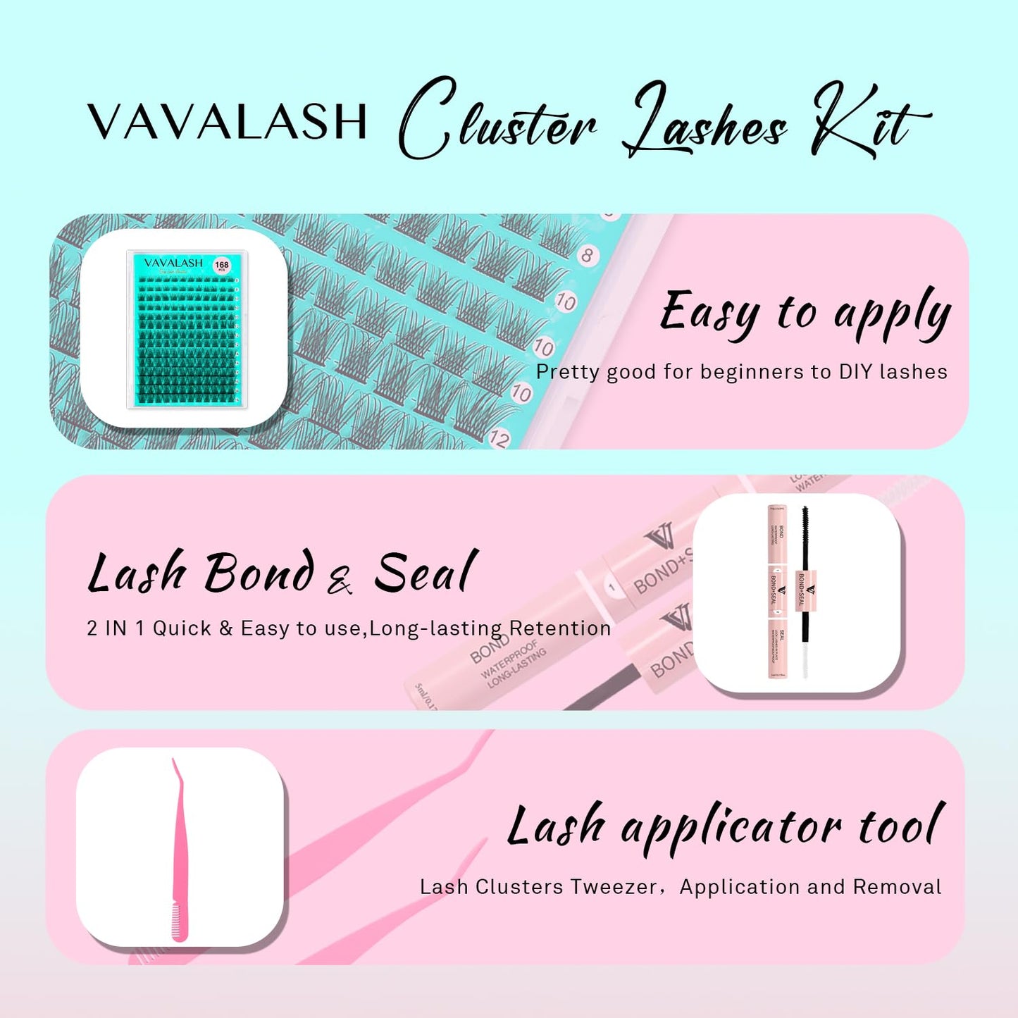 VAVALASH DIY Lash Extension Kit 168 PCS V01 Individual Cluster Lashes Kit D Curl Lash Clusters, Lash Bond and Seal, Lash Tweezer for DIY at Home Volume Wispy Soft False Lashes 168 PCS (V01-Kit)