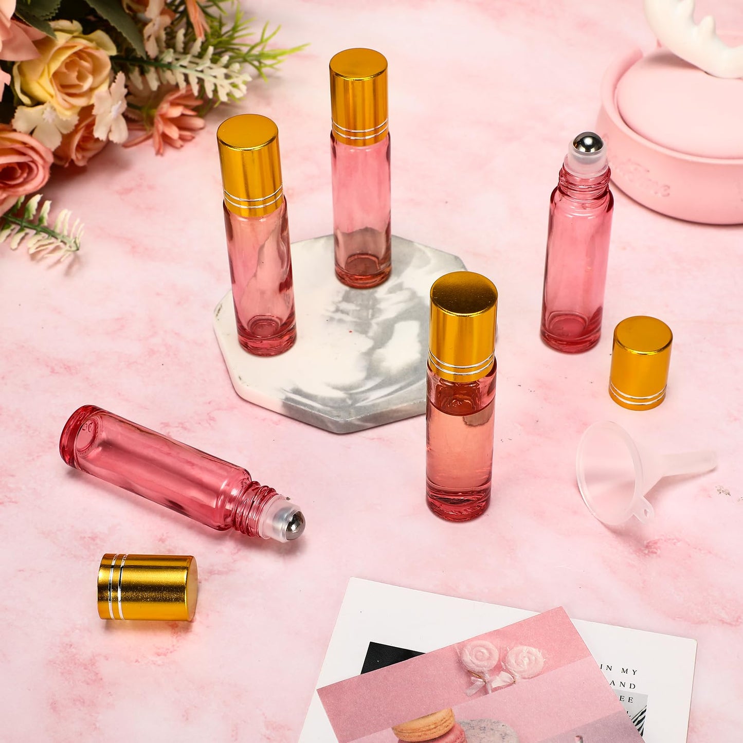 Sumind 150 Pcs Essential Oil Roller Bottles 10 ml Glass Empty Roll on Bottles with Stainless Steel Balls Leak Proof with 5 Funnel for Travel Essential Oil(Pink)