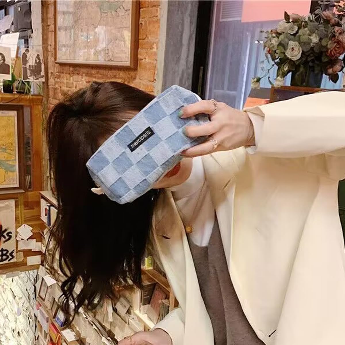 Cosmetic Bags for Women Makeup Bag Large Capacity Purse Travel Toiletry Zipper Storage Pouch Make up Brushes Organizer for Gifts (Checkered, Denim Blue)