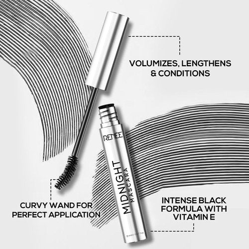 Renee Midnight Mascara - Clump-Free, Long-Lasting Formula with 360-Degree Wand | Darkest Black, Nourishing & Volumizing