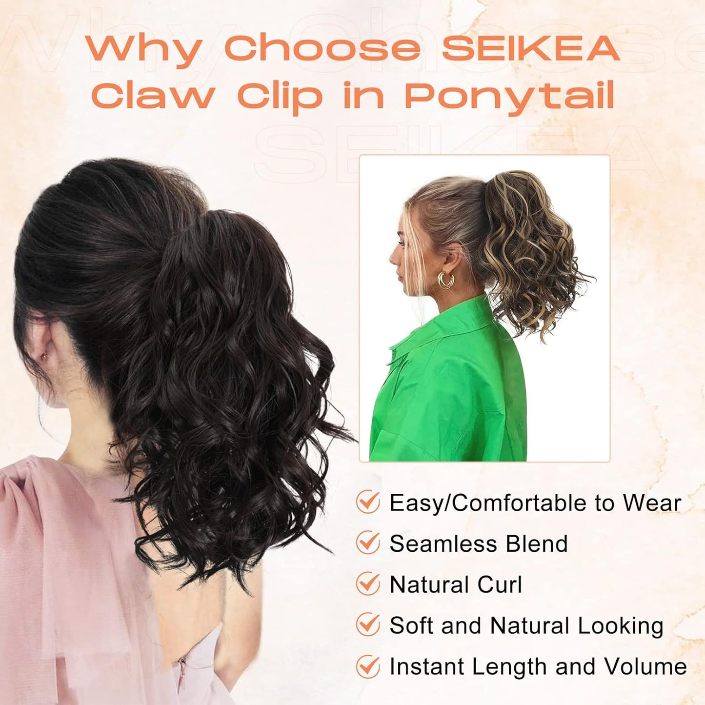 SEIKEA 10" Short Claw Highlight Ponytail Extension Wavy Curly Thick Jaw Clip in Hair Extensions Ponytail Soft Natural Looking Synthetic Hairpiece for Women Brown with Honey Blonde Highlights