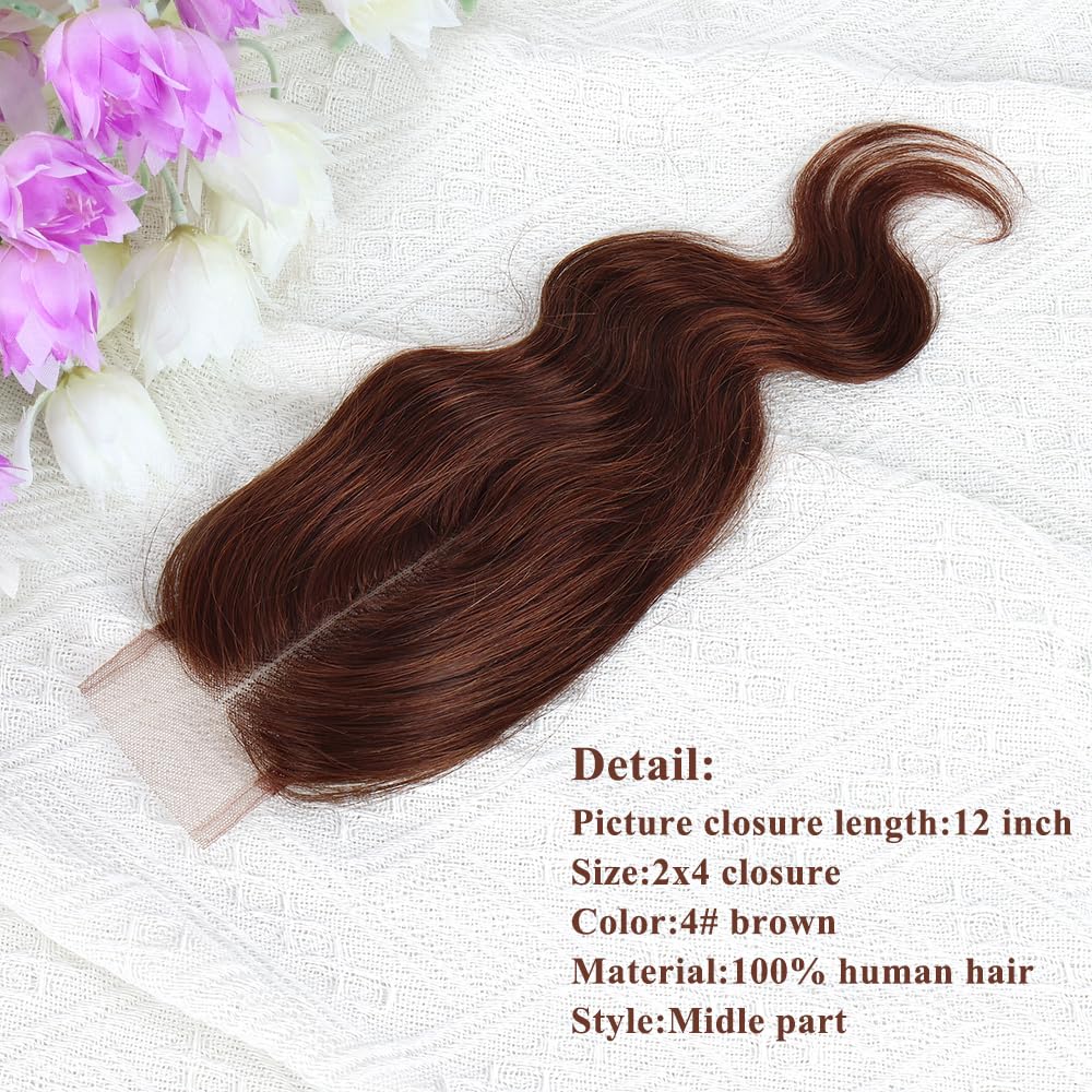 Brown Closure 2x4 HD Body Wave Closure Transparent Lace Closure Brazilian Virgin Human Hair Lace Closure 4# Brown Color (12 Inch)