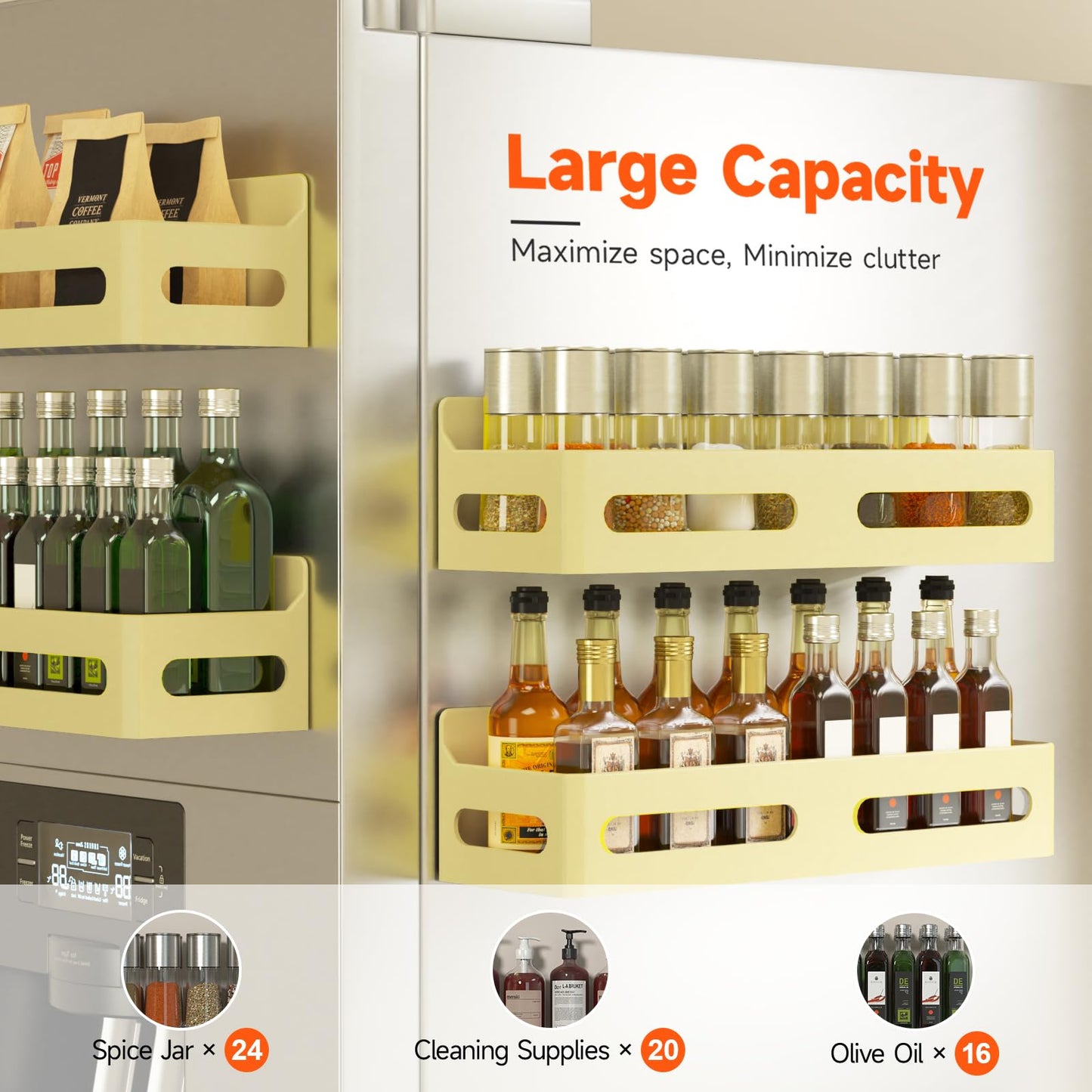 4 Pack Strong Magnetic Spice Rack for Refrigerator, Multipurpose Magnetic Shelf for Fridge with 4 Hooks for kitchen and Bathroom Organization, Black