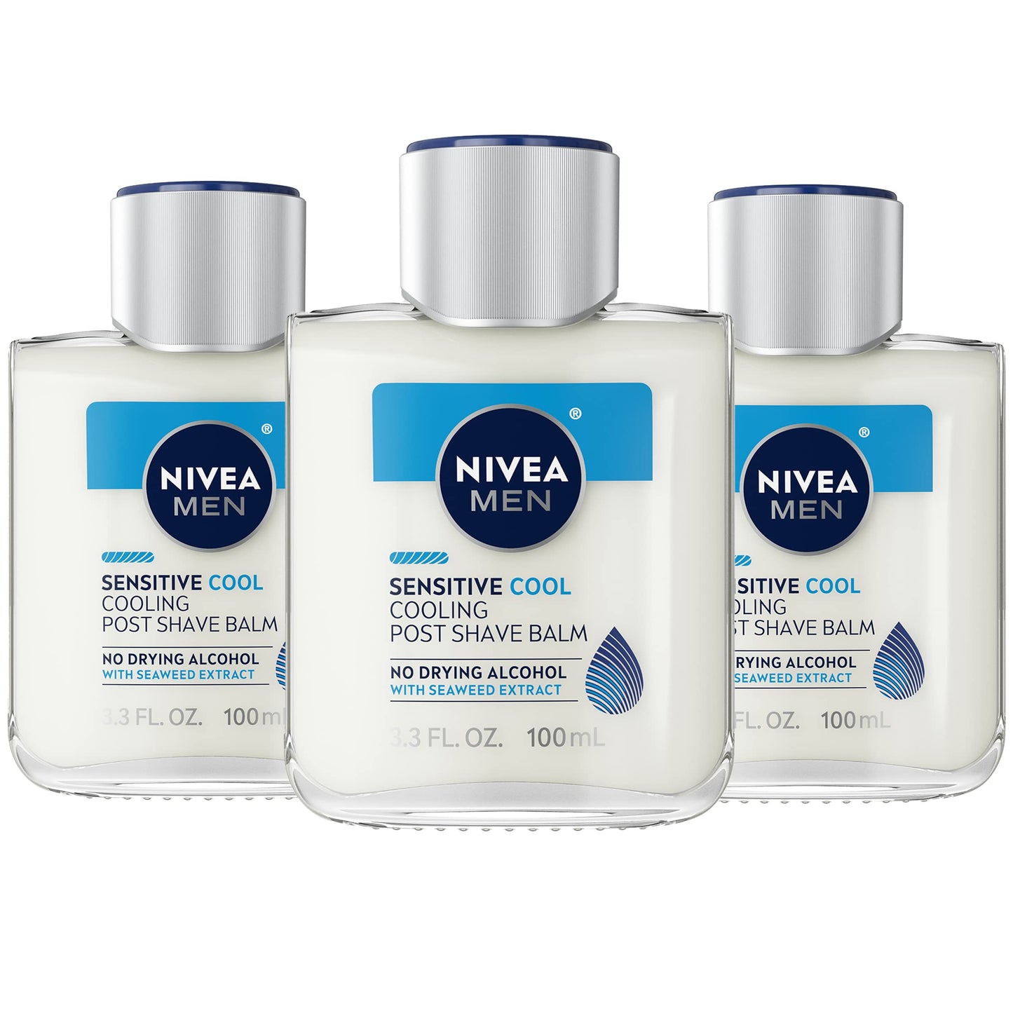 NIVEA MEN Sensitive Cool Cooling Post Shave Balm with Vitamin E, Chamomile and Seaweed Extracts, Alcohol Free After Shave Balm for Men, 3 Pack of 3.3 Fl Oz Bottles