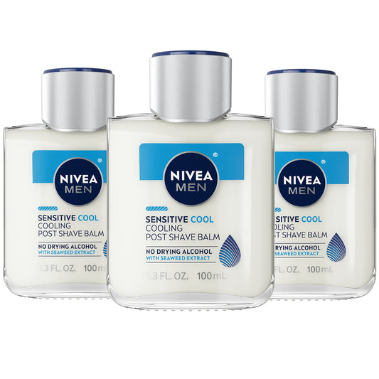 NIVEA MEN Sensitive Cool Cooling Post Shave Balm with Vitamin E, Chamomile and Seaweed Extracts, Alcohol Free After Shave Balm for Men, 3 Pack of 3.3 Fl Oz Bottles
