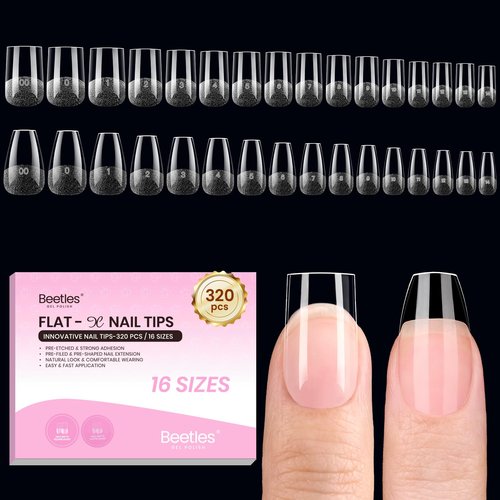 Beetles Gel Nail Tips Flat-X - Square Coffin Short, 320pcs 16 Sizes, Pre-Etched Half Matte Full Cover Soft Acrylic False Nail Tips Easy DIY Press on Nail Extension Salon for Flat & Natural Nail Beds