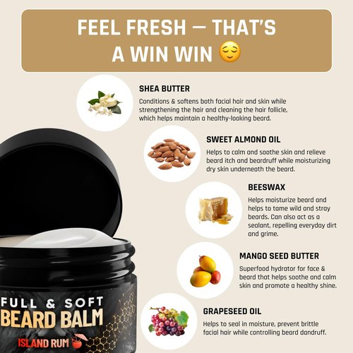 Derm Dude Beard Balm - Conditioning Formula with Natural Oils for Growth & Softness | Island Rum, 2oz