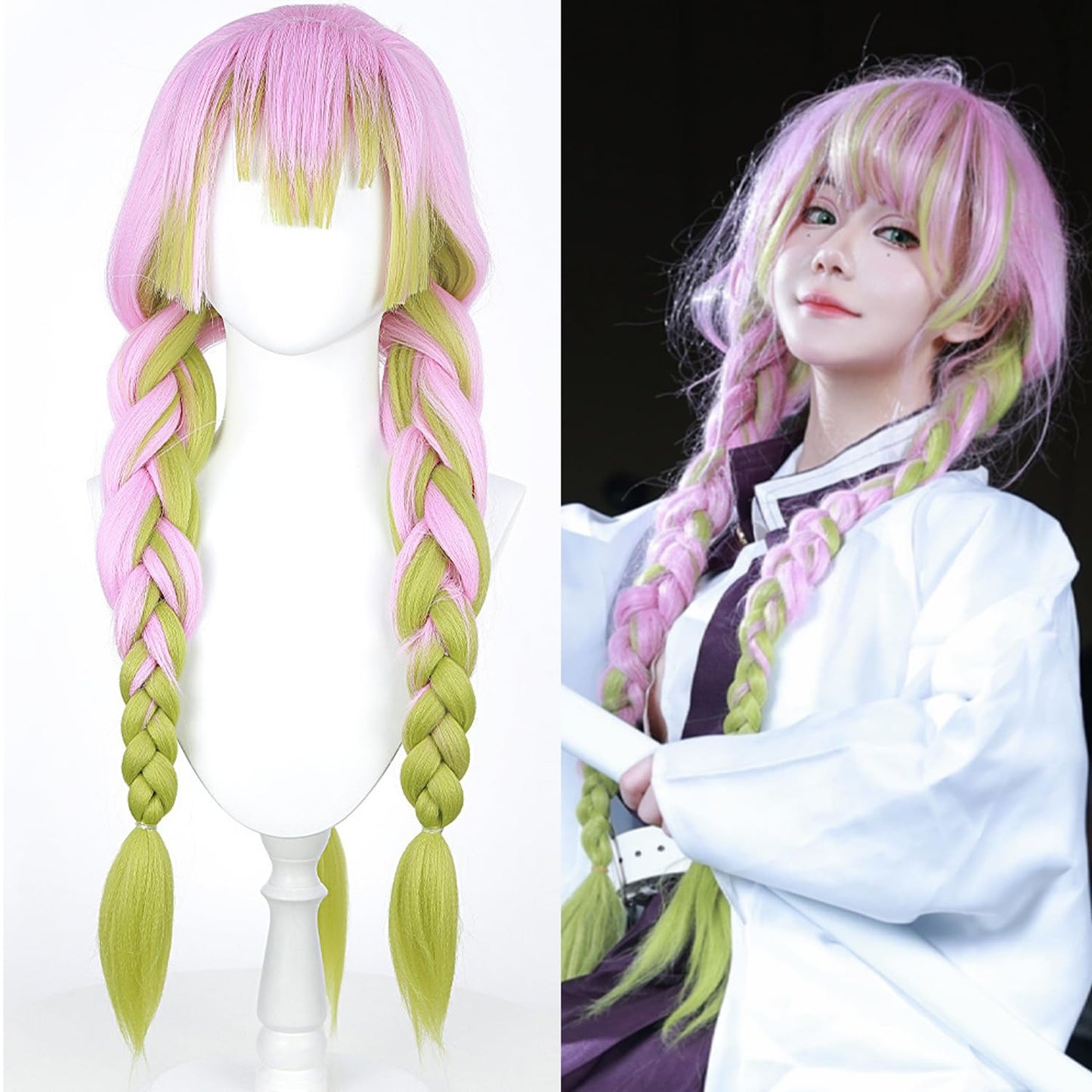 SEISAIDO Kanroji Mitsuri Wig DS Green and Pink Ombre 3 Pre-BraiDemon Slayer Characters Play Anime Cosplay Wigs Halloween Costume Party Christmas Gift Heat Resistant 80cm + wig cap