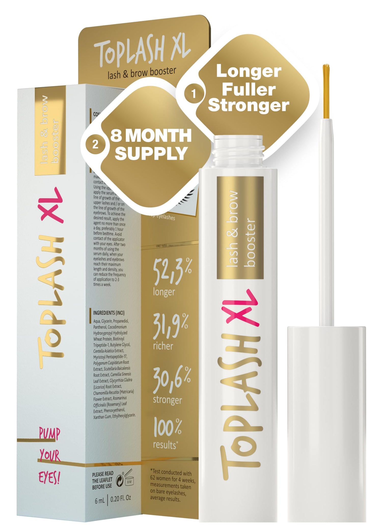 TOPLASH XL Lash and Brow Booster, Growth Serum with Eyelash and Eyebrow Enhancer, Promotes Stronger, Thicker, Healthier Lashes with Botanicals and Peptides - 0,2 Fl Oz(6 ml)