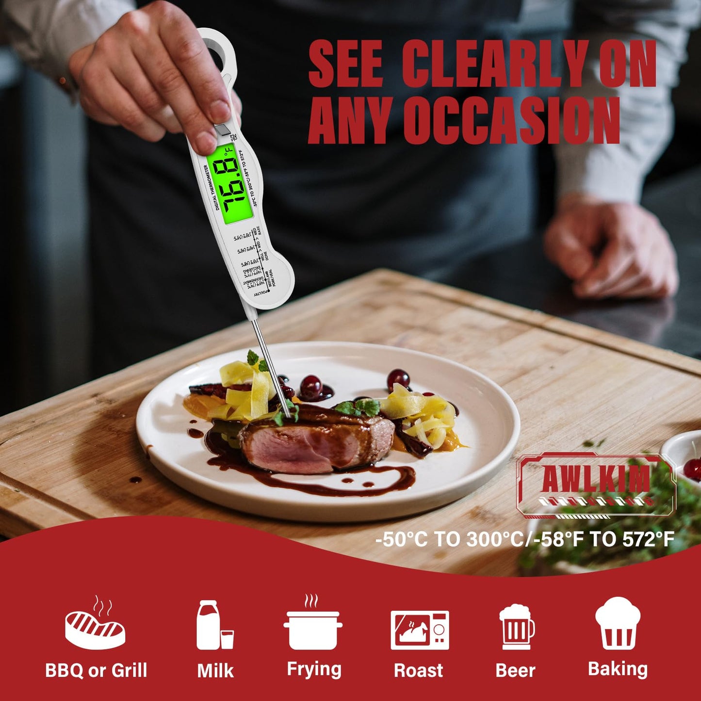 Fast Instant Read Meat Thermometer with Backlight - Waterproof Digital Food Probe for Grilling, Cooking, Baking & Candy Making - Kitchen & BBQ Essential(Black)