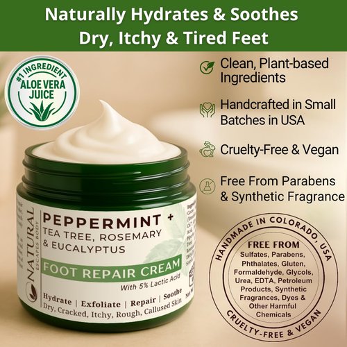 Natural Escapes Foot Cream - Peppermint, Rosemary & Eucalyptus for Dry Cracked Heels | Moisturizing 4 oz