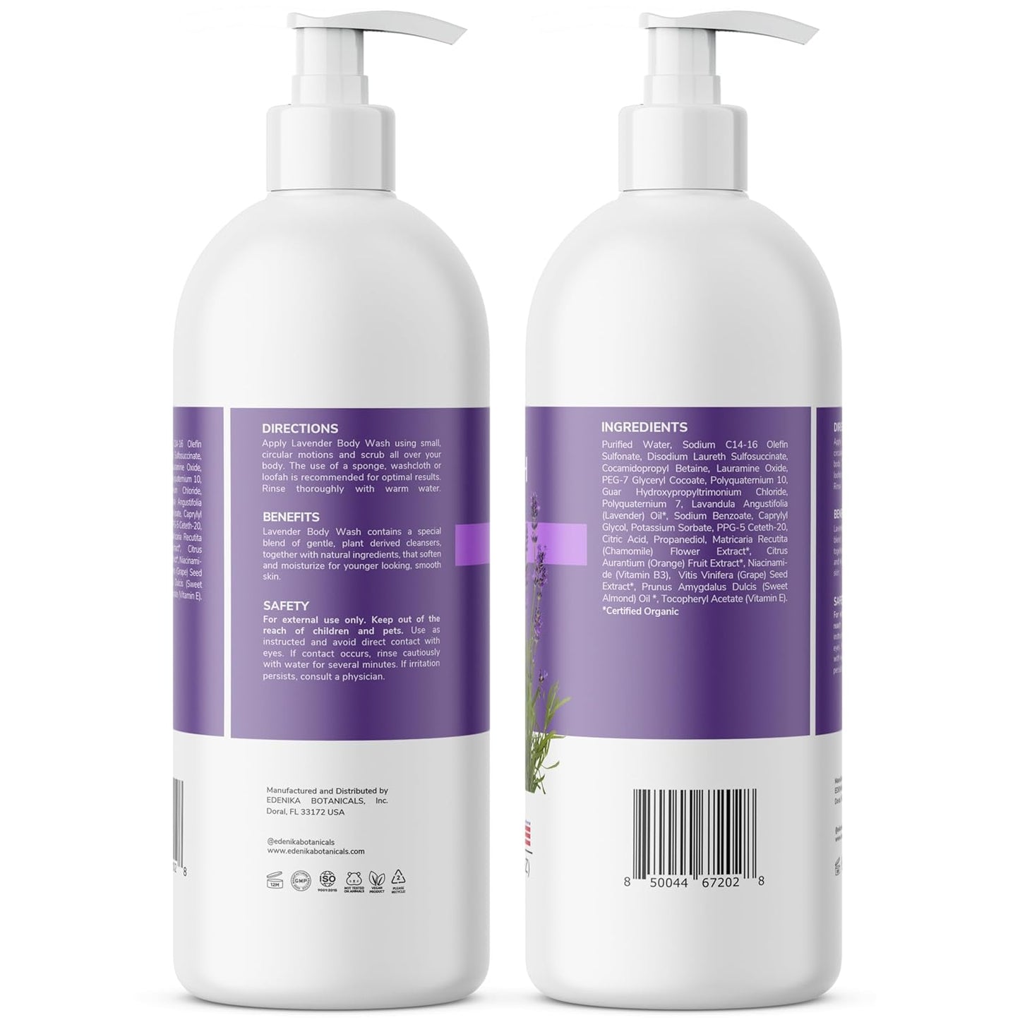 Edenika Lavender Body Wash - Vitamin E Infused, Moisturizing & Relaxing Shower Gel | 16 fl oz, 2-Pack