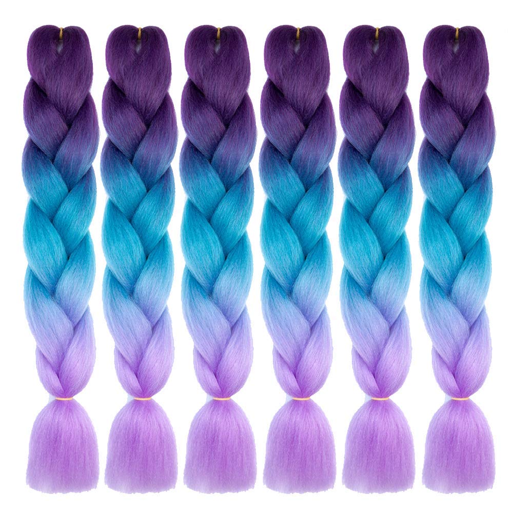 Xiaofeng Braiding Hair Extensions for Women 6 Packs 100g/Pack 24Inch High Temperature Ombre Jumbo Synthetic Braiding Hair for Twist Crochet Braids (24 Inch, purple-lake blue-light purple)