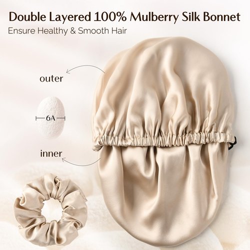 YANIBEST 22 Momme 100% Mulberry Silk Sleep Cap Silk Bonnet for Women - Sleeping Cap Hair Bonnet & Scrunchie Champagne