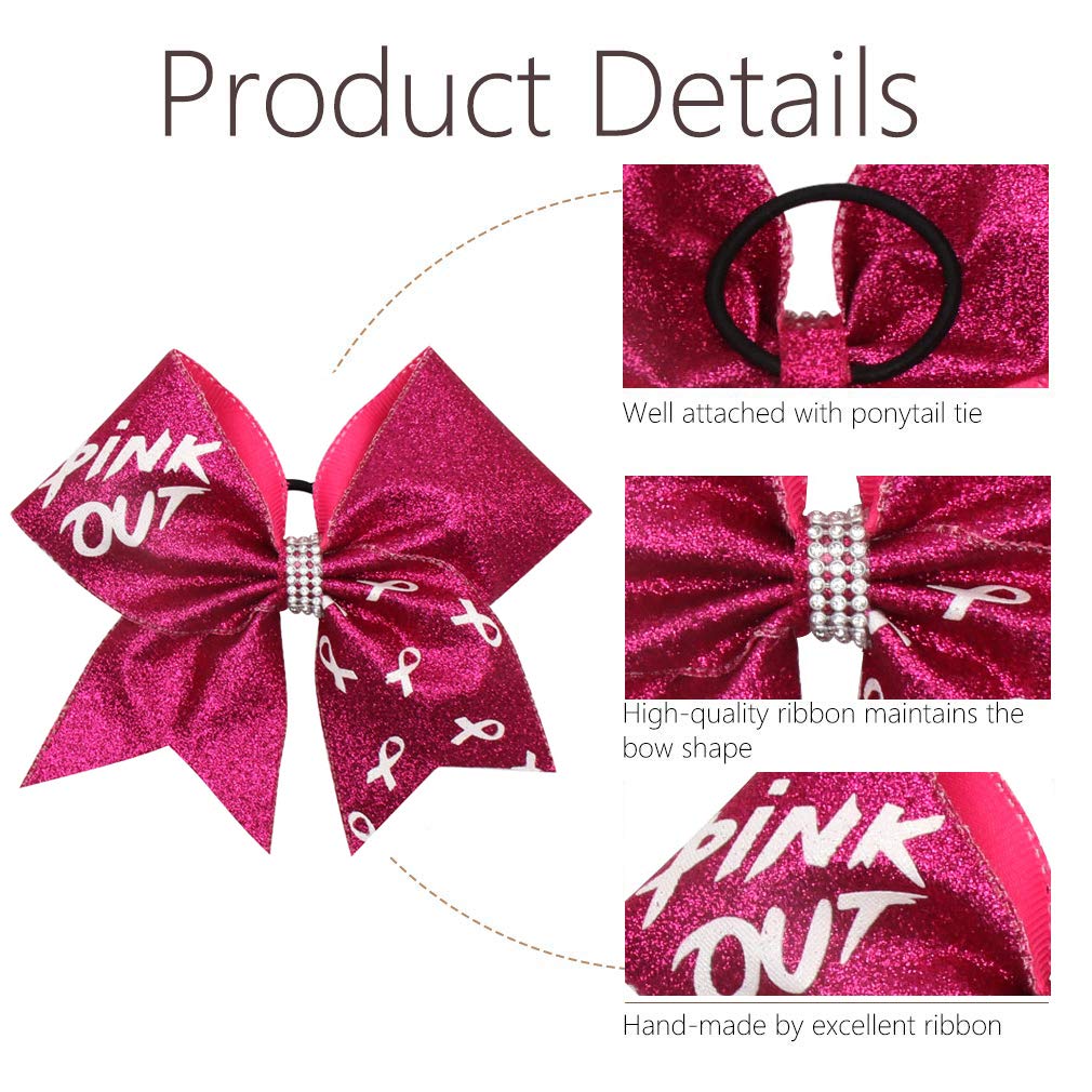 OAOLEER 4PCS 7" Large Grosgrain Hair Bows with Ponytail Holder - Glitter Cheer Bows (Pink) for Women - Breast Cancer Awareness Month