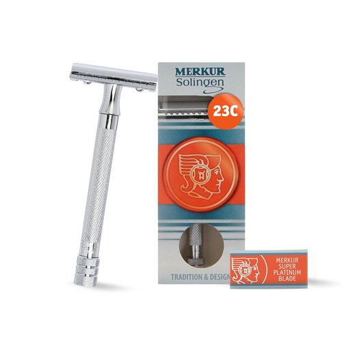 MERKUR 23C Double Edge Safety Razor - Polished Chrome Finish, Long Knurled Handle, Eco-Friendly Design