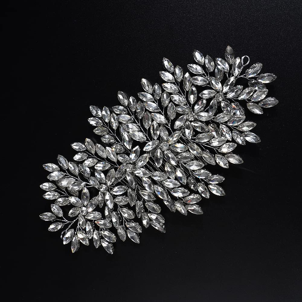 Teyglen Large Full Rhinestones Flower Bride Wedding Hair Comb Headband Luxurious Hair Accessories Dainty Silver Crystals Bridal Side Hair Combs for Women Bride Girls (Silver)