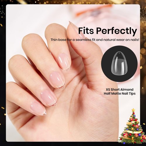 Beetles Extra Short Almond Nail Tips, 12 Sizes 288 PCS Pre-Shaped Clear Full Cover Etch Gel Nail Tips Clear Acrylic Press on Nails Extension for Girls Women Nail Art Design, Nail Glue Needed