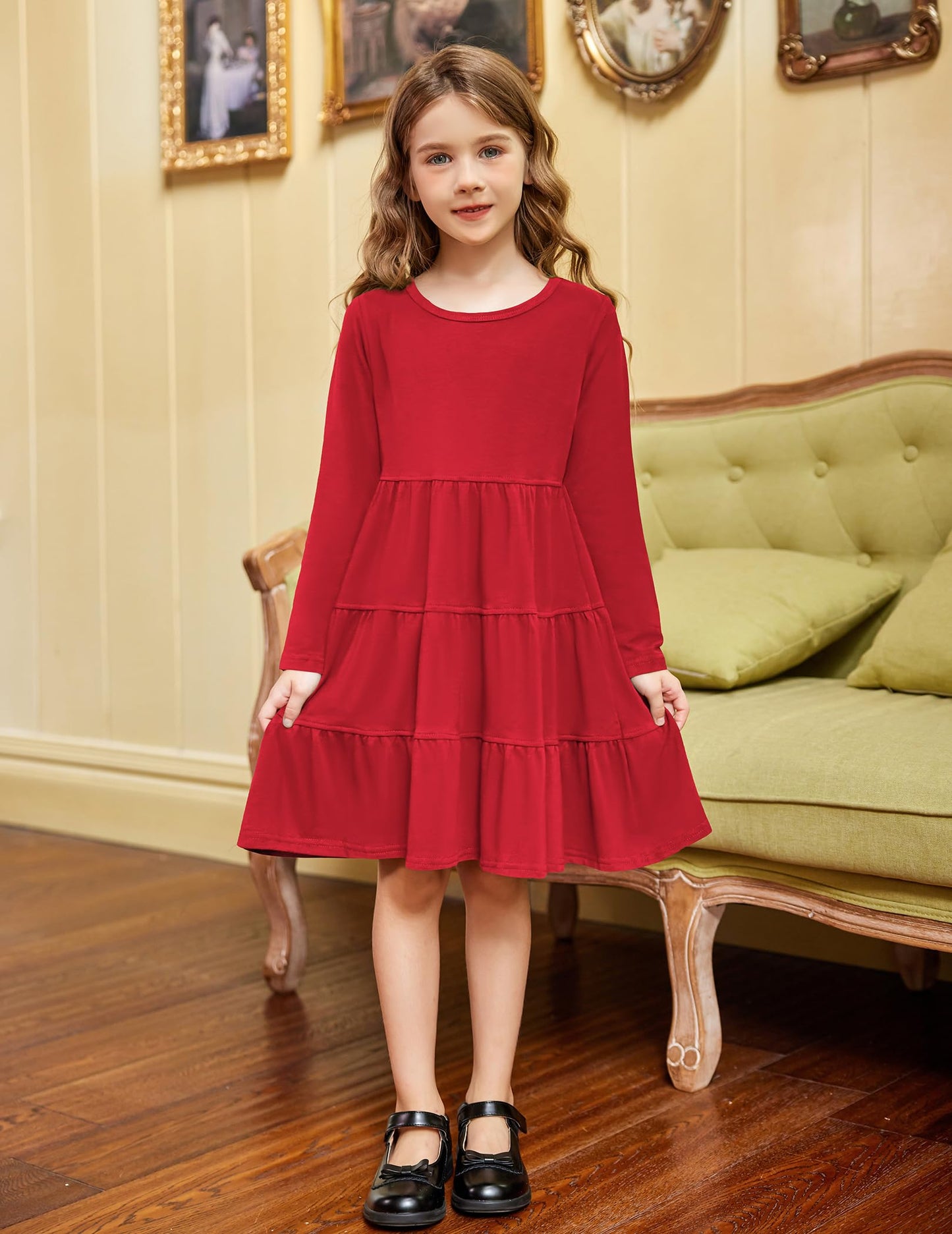 Arshiner Girls Long Sleeve Dress Fall Cotton Crewneck Tiered Ruffle Swing Solid Casual Midi Dresses Red 6 Years