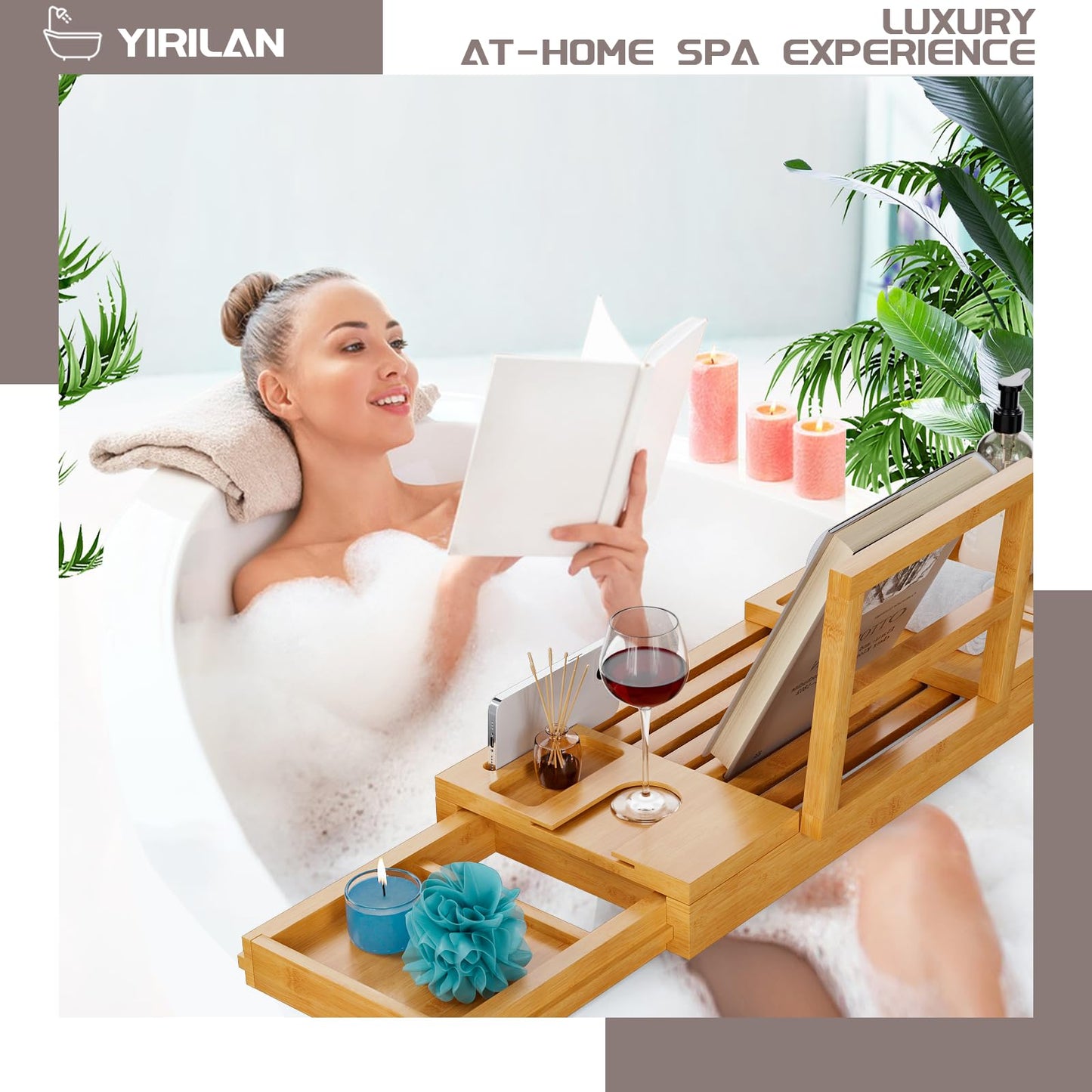 Yirilan Bamboo Bathtub Tray, Expandable Bathroom Tray, Waterproof Tray Caddy, Perfect Bath Caddy for Home Spa, Gift for Loved Ones, Bamboo
