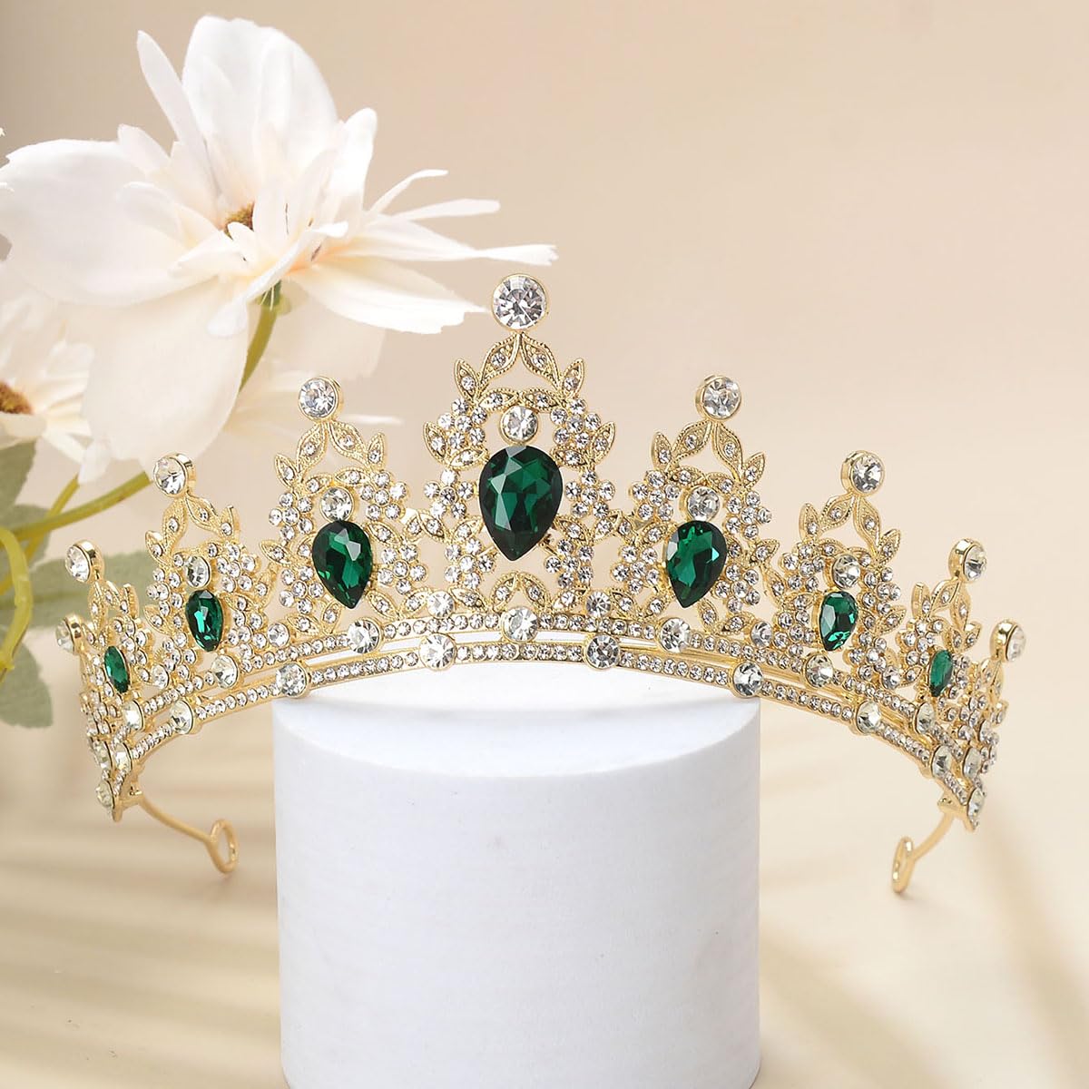 S SNUOY Crystal Tiaras for Women Green Queen Crowns Royal Gold Princess Crown for Party Halloween Costume Prom Birthday Wedding Headband