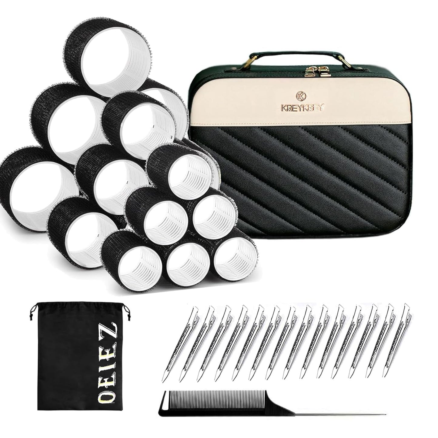 Skiennix Hair Roller Set - Velcro Self-Grip Curlers for DIY Styles | 18-Piece Jumbo, Large & Medium with Makeup Case, Clips & Comb