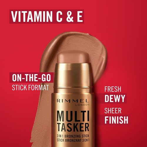 Rimmel Multi Tasker Bronzing Stick - 3-in-1 Sculpting & Bronzing | Medium 002, All-Day Sheer Glow